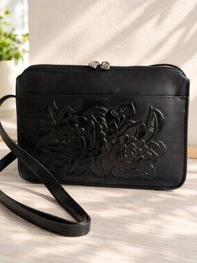 Patricia Nash Vallata Rose TLD Crossbody Tooled Zip Zip Crossbody Handbag Black